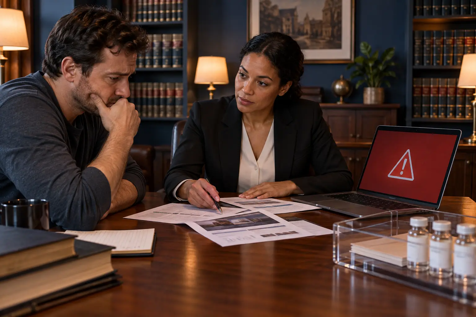 Illustrative business owner discussing an urgent issue with a legal professional