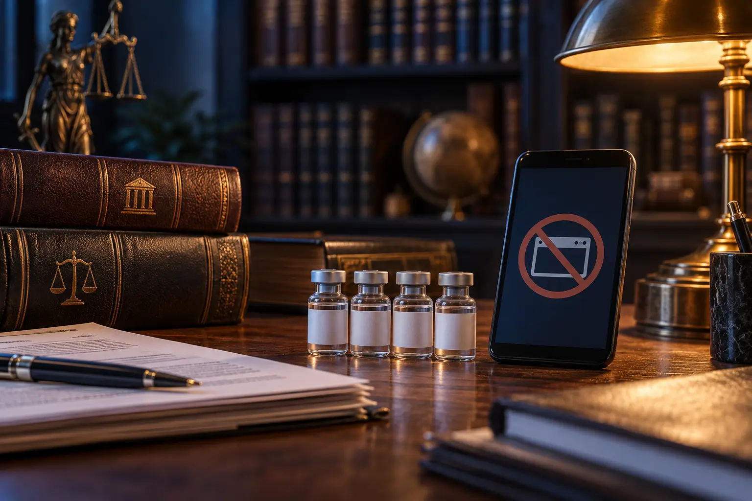 Illustrative suspended website warning beside books and vials